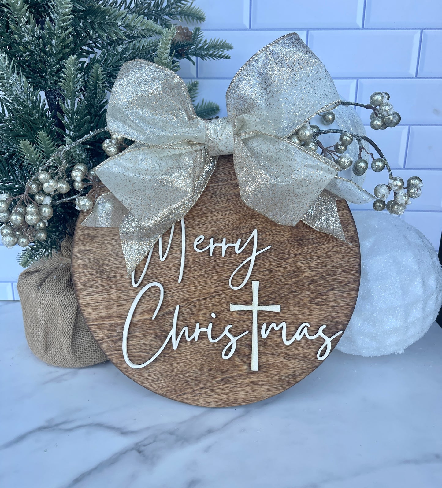 Merry Christmas Religious Door Hanger